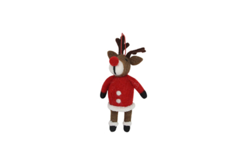 Cute wool Rudolph Reindeer dressed in a Santa Coat hanging Christmas Tree decoration by designer Gisela Graham. What a jolly addition to your Christmas decorations. Sure to make everyone smile. Made from a wool mix. This fesive reindeer by Gisela Graham will delight for years to come. It will compliment any Christmas Tree and will bring Christmas cheer to children at Christmas time year after year. Remember Booker Flowers and Gifts for Gisela Graham Christmas Decorations. 